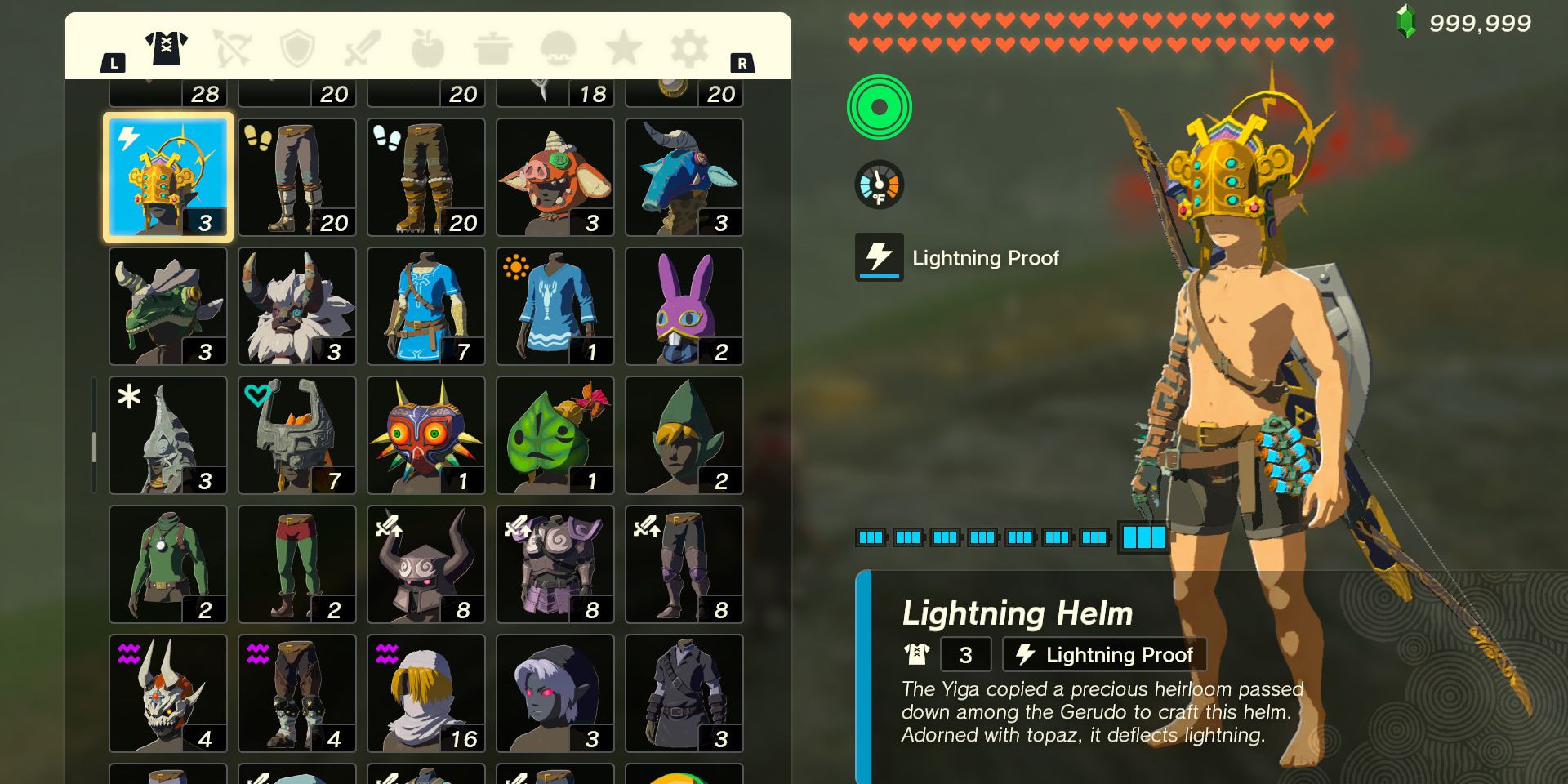 The Lightning Helm armor piece in The Legend of Zelda: Tears of the Kingdom
