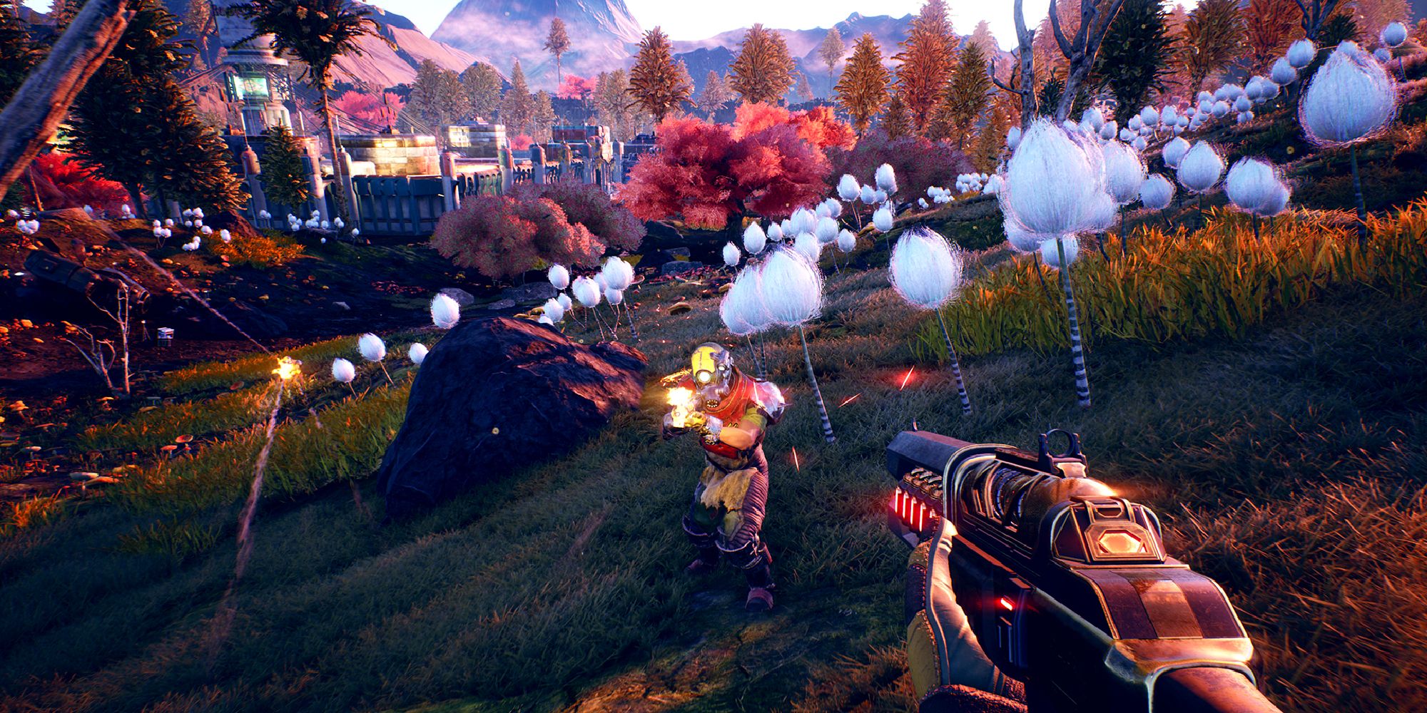 A still from Outer Worlds showing combat against an armoured person, and the fictional plants on an alien planet.