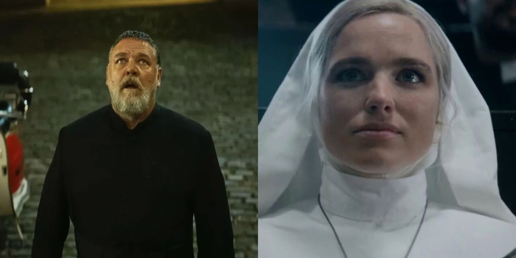 Split image of Russell Crowe in The Pope's Exorcist and Jacqueline Byers in Prey For The Devil