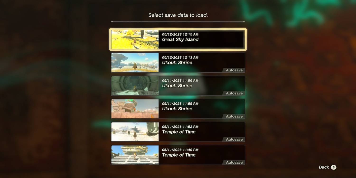 The save menu in The Legend of Zelda Tears of the Kingdom
