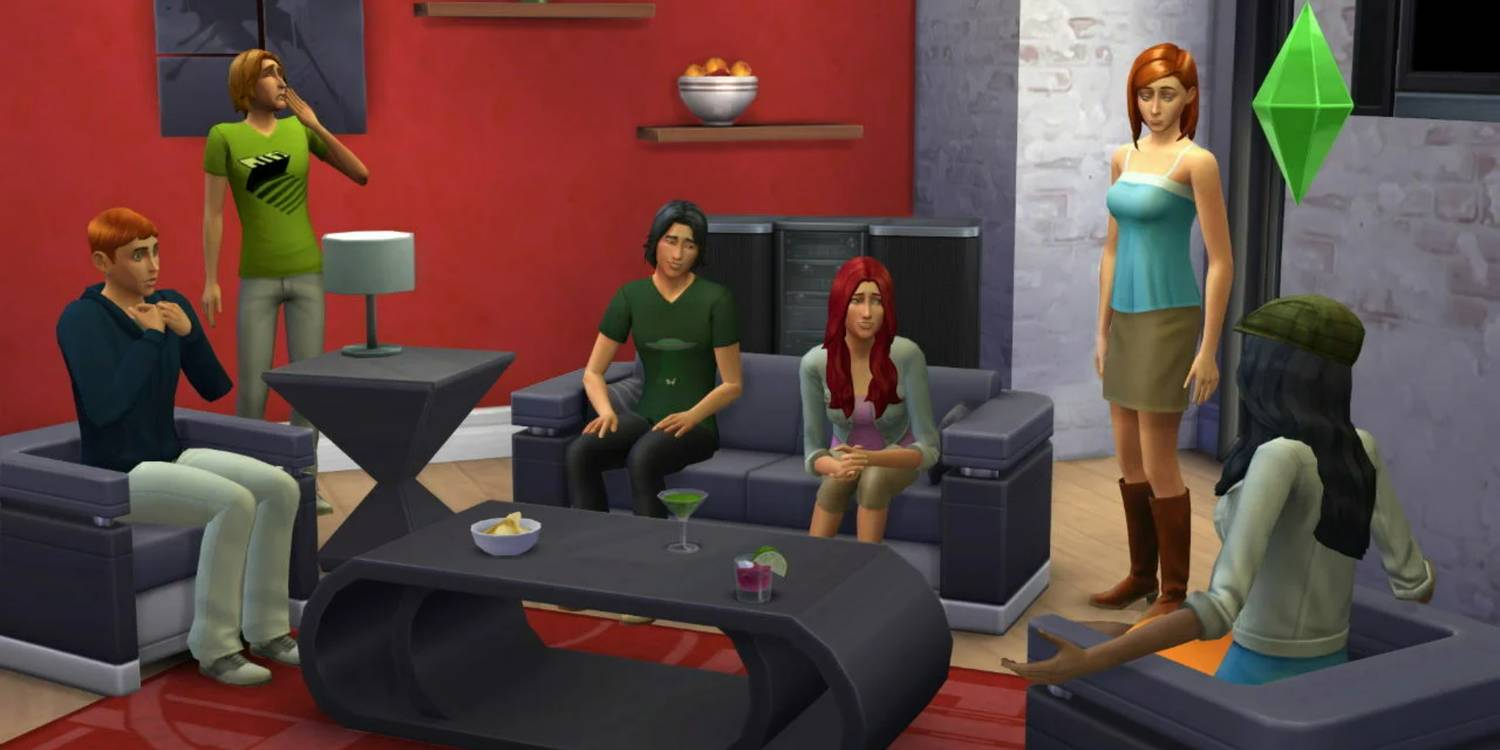 Multiple Sims characters sitting on couches around a dining table talking with each other