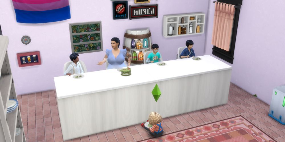 the sims 4 family eating cake in a pink kitchen