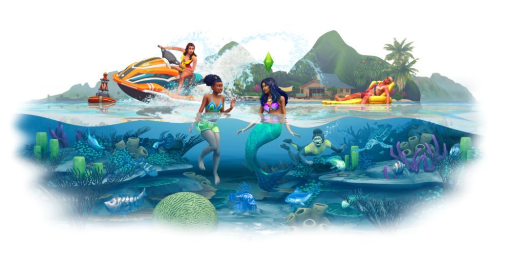 Sims are in the water swimming, snorkeling, and floating with a mermaid.