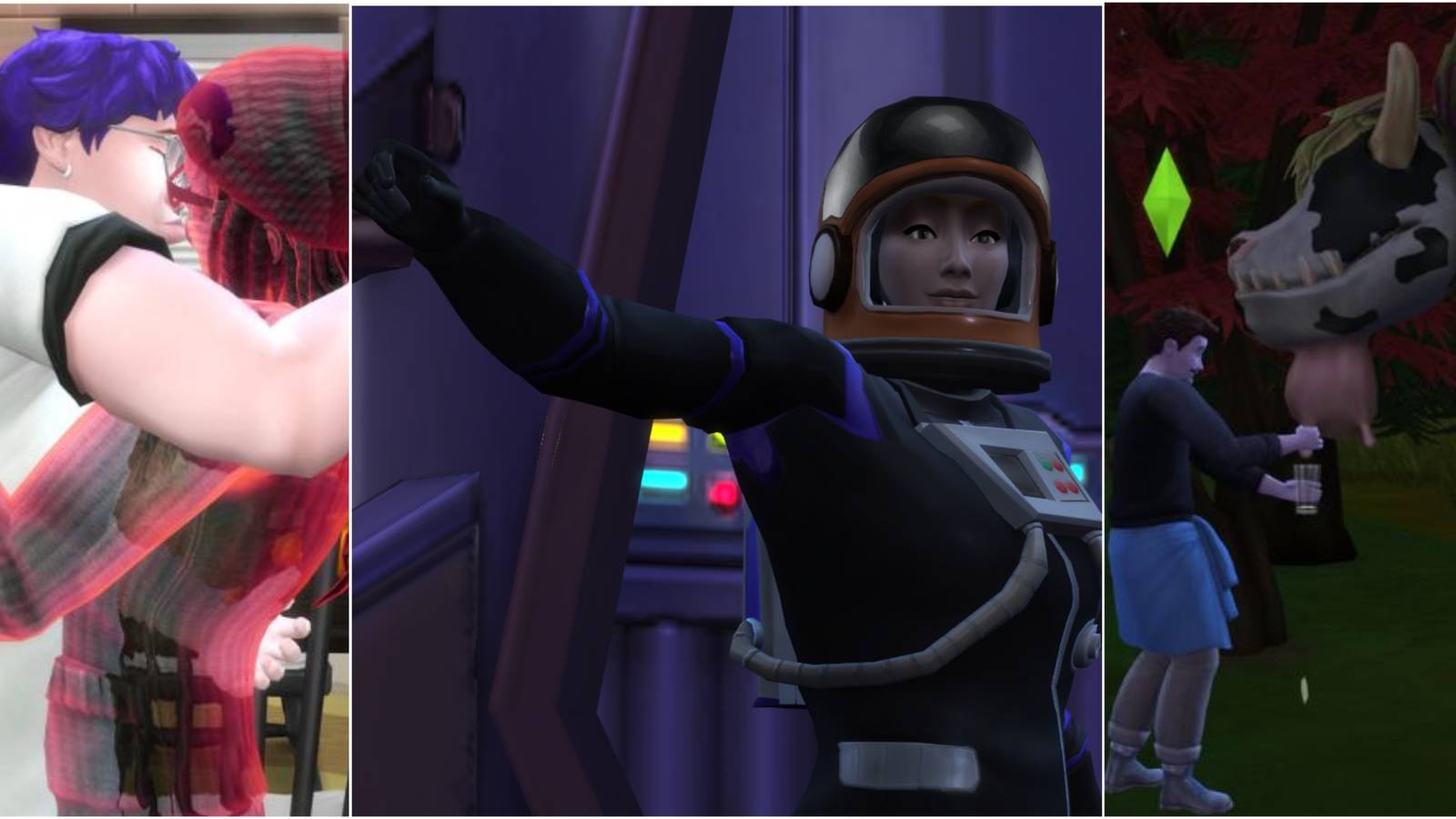the sims 4 sims kissing, sim going into rocket, sim milking cowplant