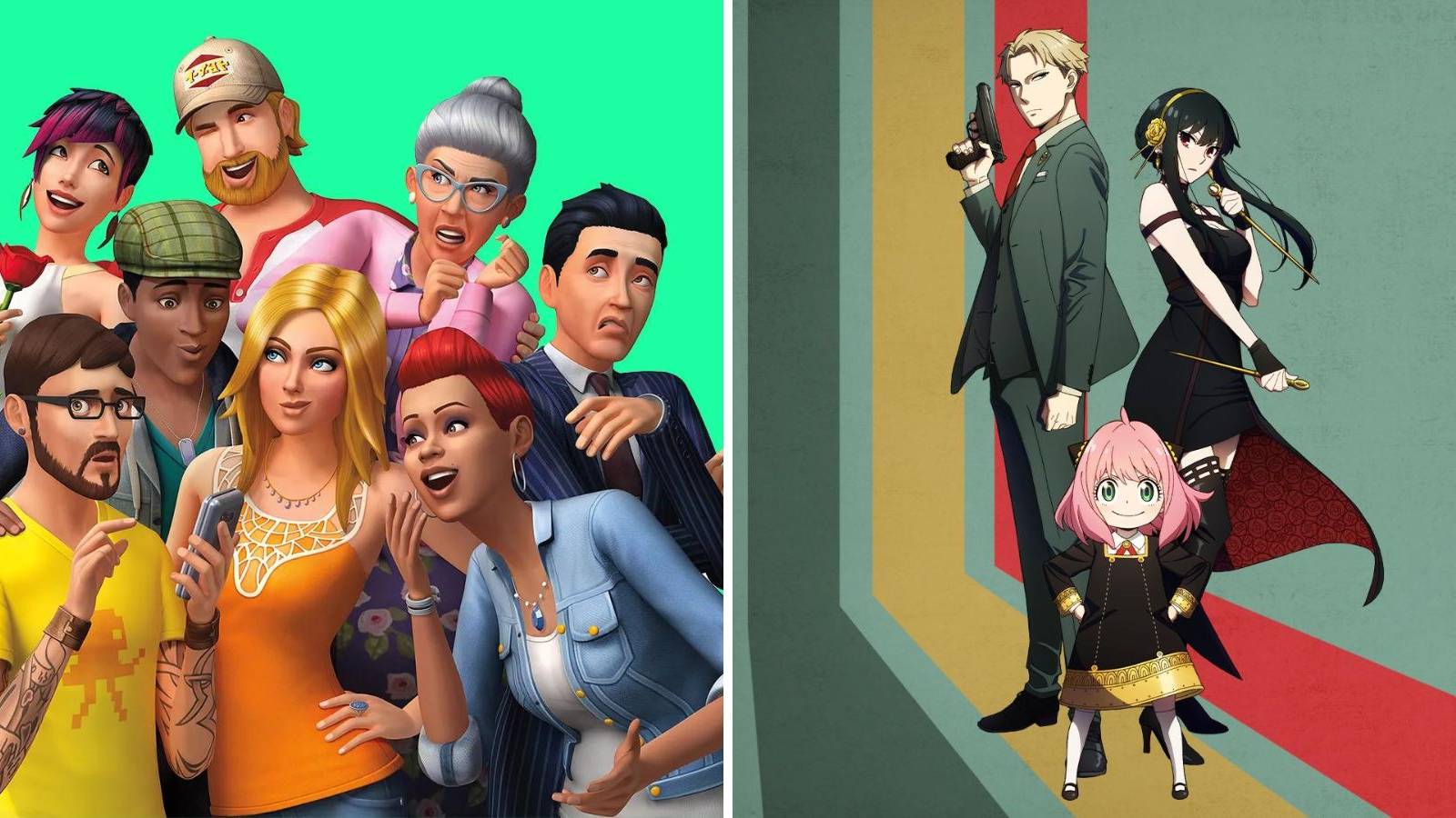 The Sims and Spy x Family characters side-by-side