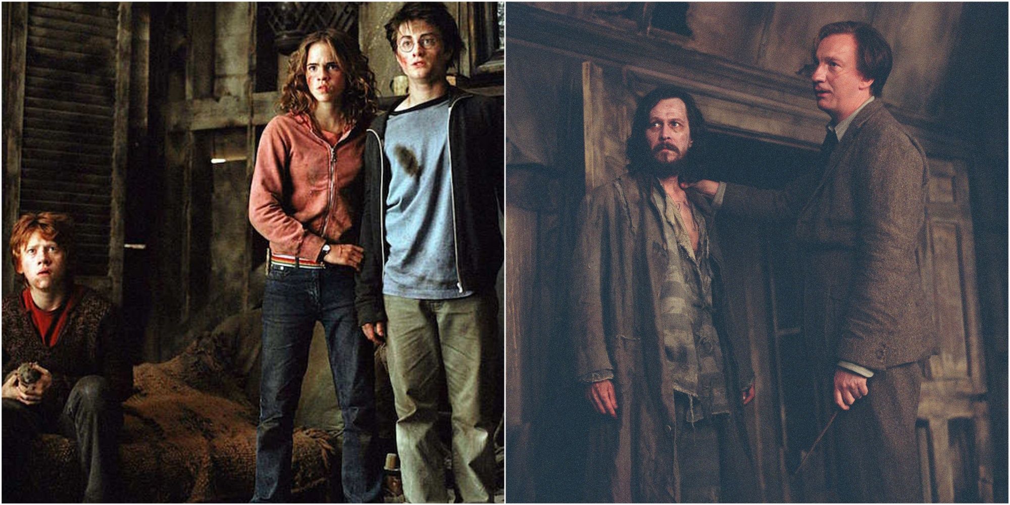 Split image of the Trio, Sirius Black, and Remus Lupin in Harry Potter and the Prisoner of Azkaban.