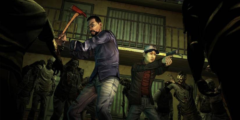Lee and Glen surrounded by zombies in Telltale's The Walking Dead