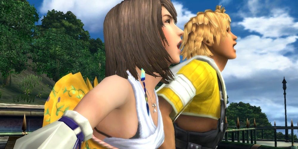 Tidus and Yuna laugh near Luca Stadium in Final Fantasy 10