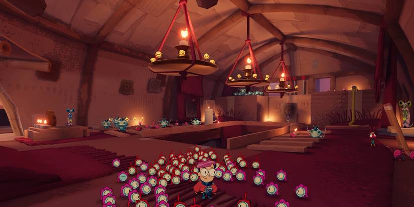 Milo and his many Tinykin standing in a place of worship 