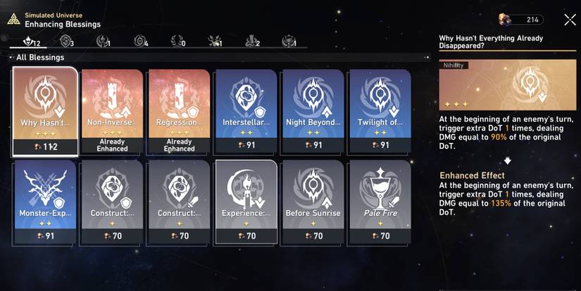 blessings in simulated universe in honkai star rail