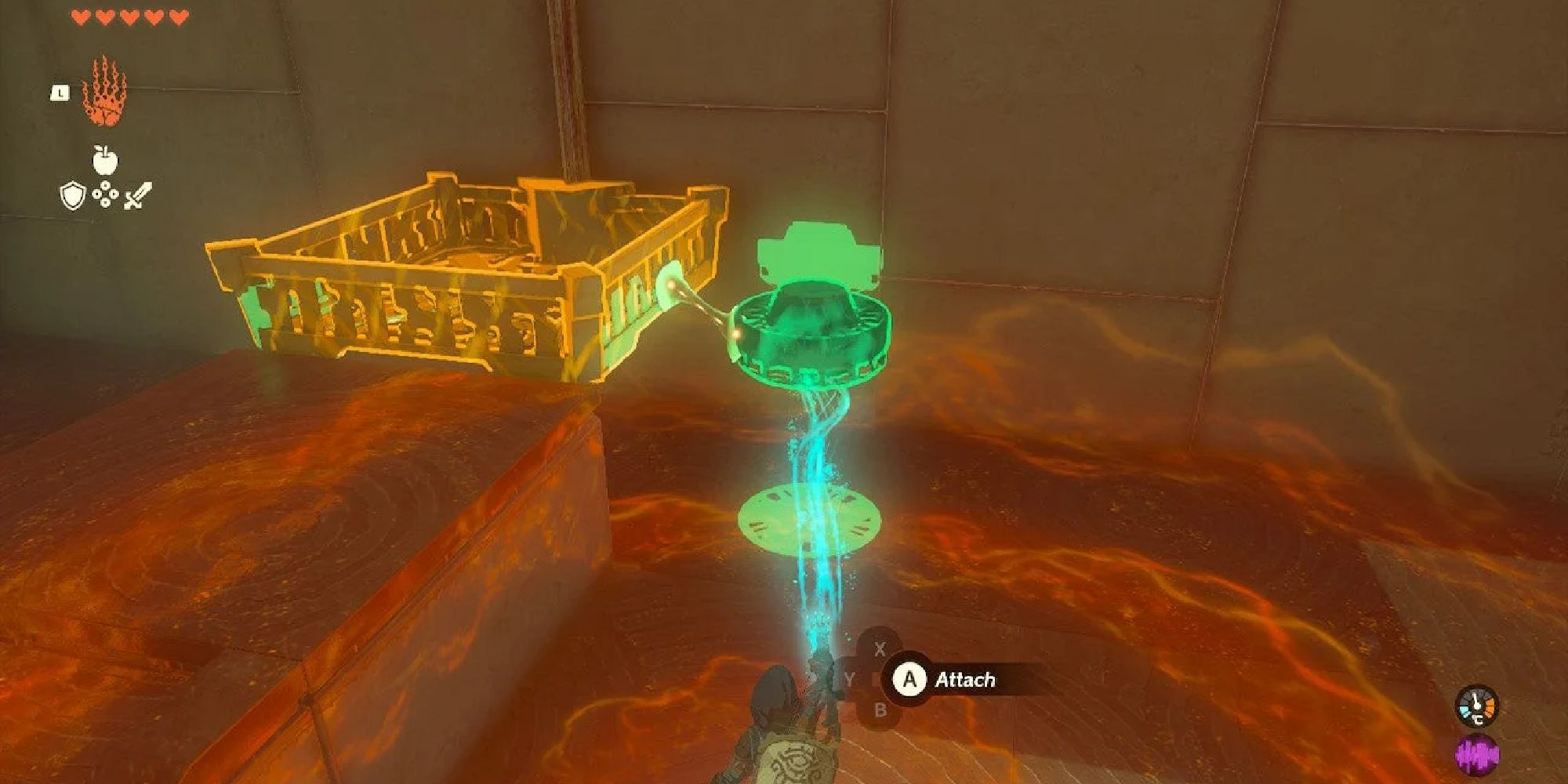 Link attaching a fan to a platform in order to solve the shrine. 