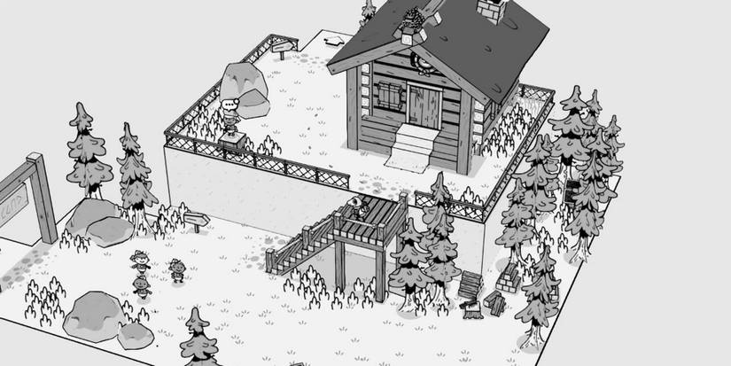 The camp lodge and scouts walking around in TOEM