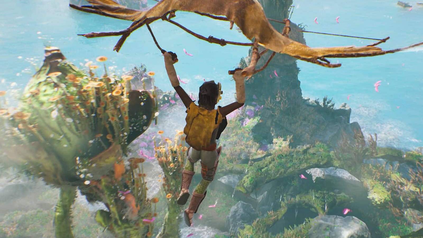 A screenshot of the main character gliding through the air above a colorful grassy hill in Towers of Aghasba.