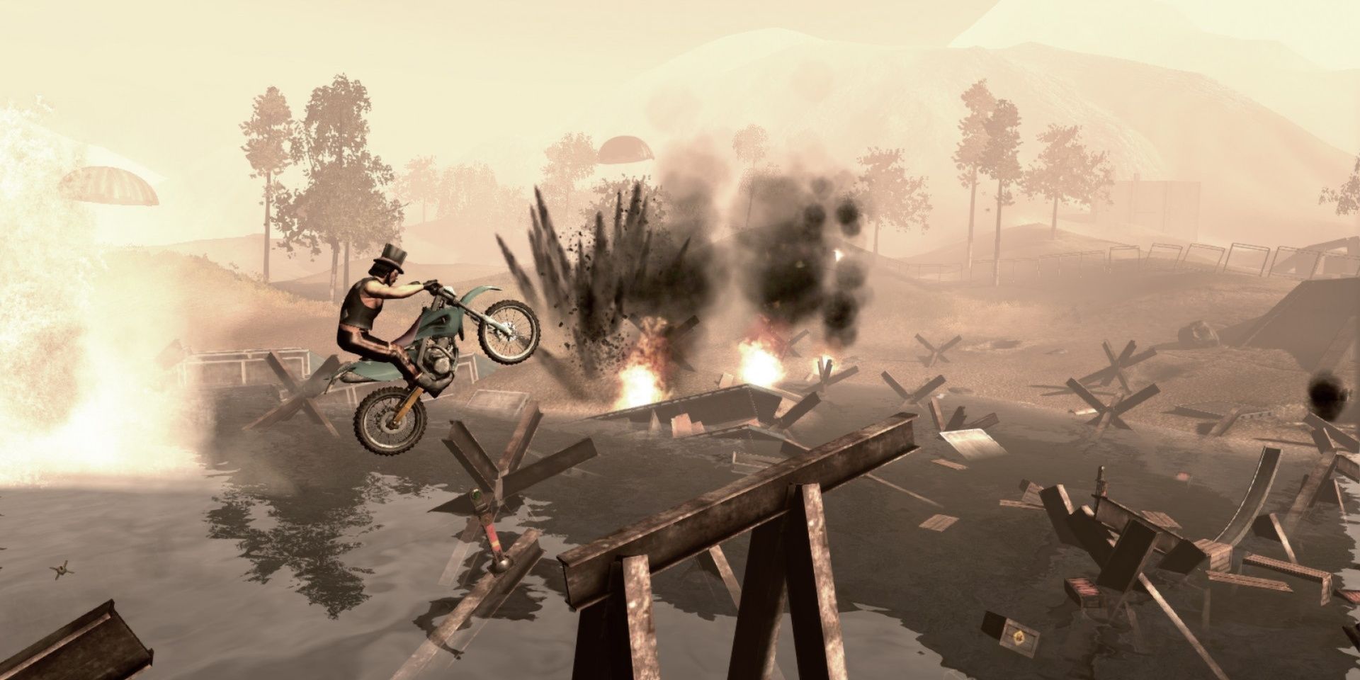 A man with a top hat riding a motor bike across fiery debris in Trials Evolution