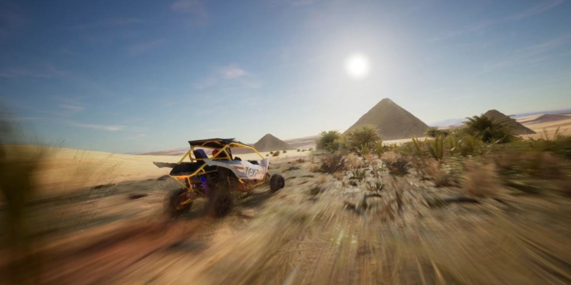 Player character pilots a drone to track a dune buggy in Egypt