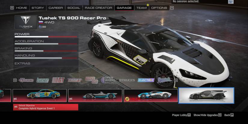 The Tushek TS 900 Racer Pro car in the garage section of Grid Legends
