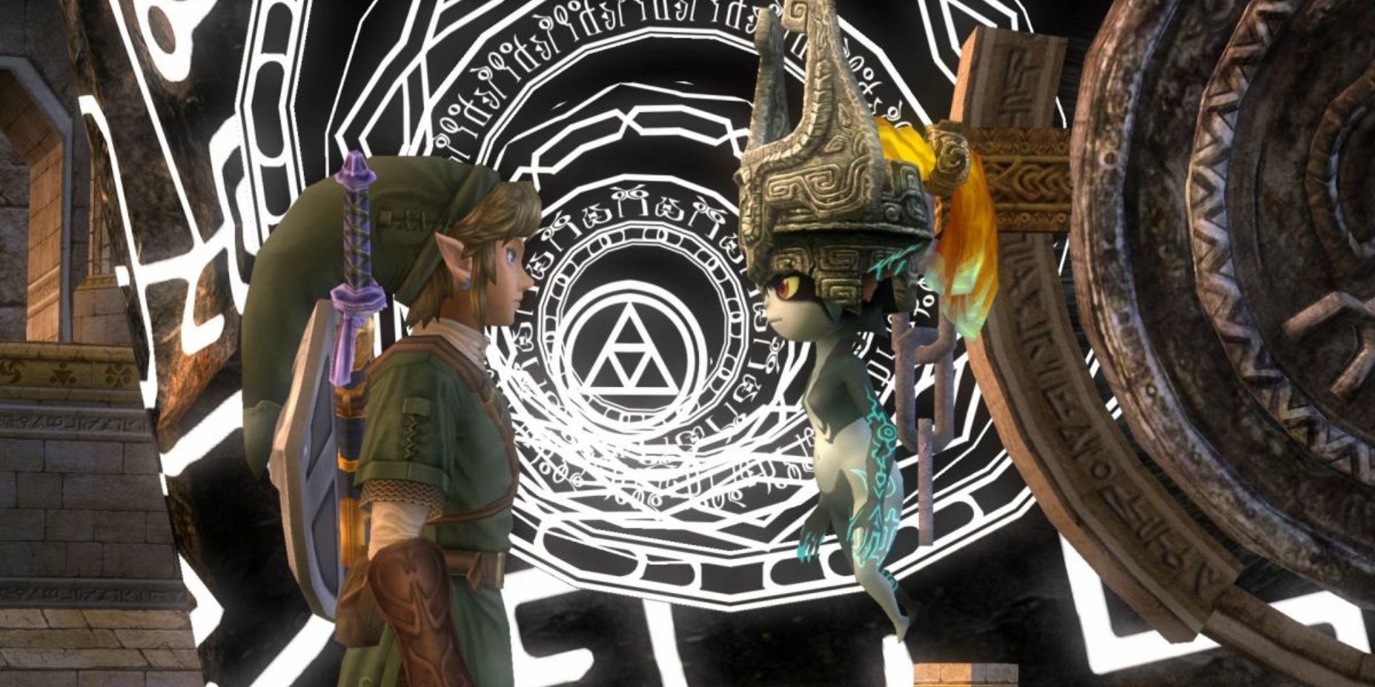 Link and Midna talking in front of a Twilight portal