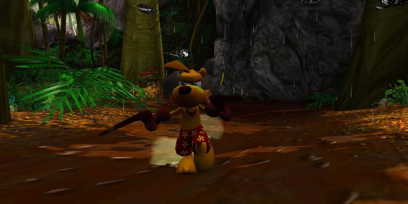Ty dual-wielding boomerangs running forward in Ty the Tasmanian Tiger