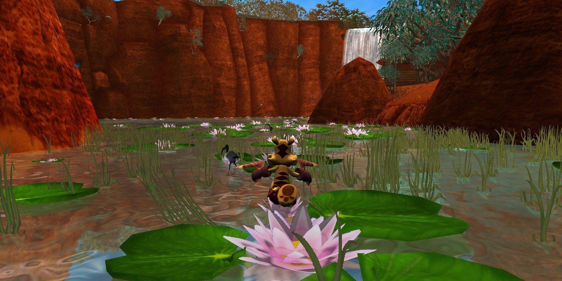 Ty standing on Pond Lilies while wielding boomerangs in Ty the Tasmanian Tiger