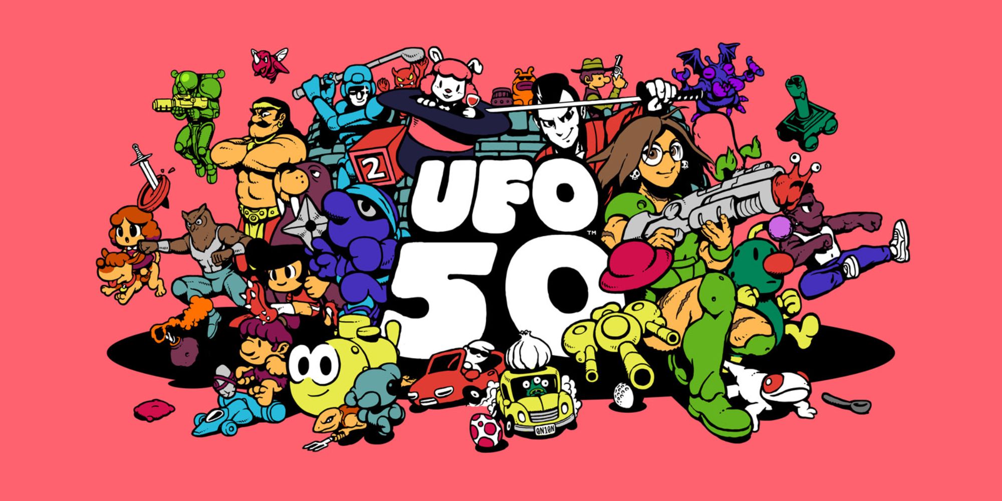 Promotional art for UFO 50 featuring the cast of characters