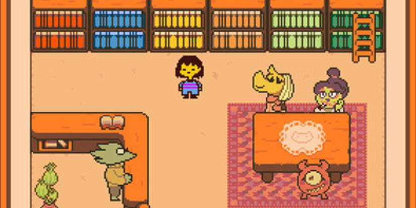 Frisk standing in the library with other friends