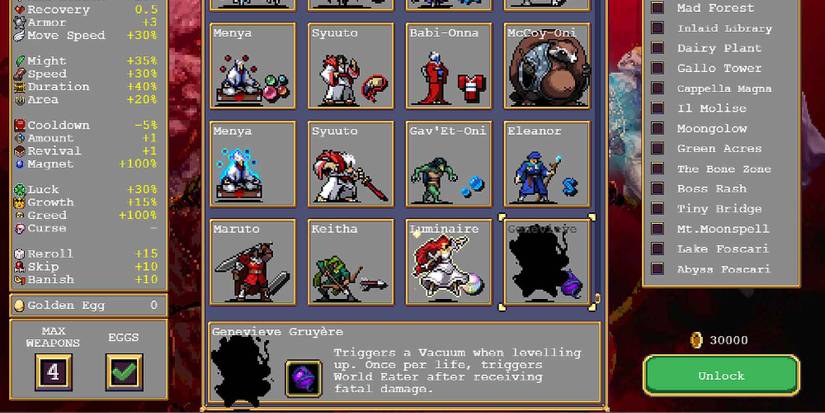 Unlocking Genevieve in the Vampire Survivors' characters selection screen.