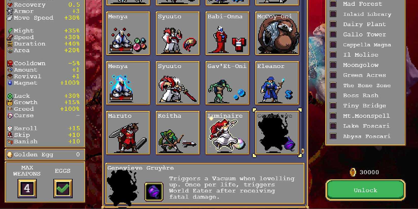 Unlocking Genevieve in the Vampire Survivors' characters selection screen.