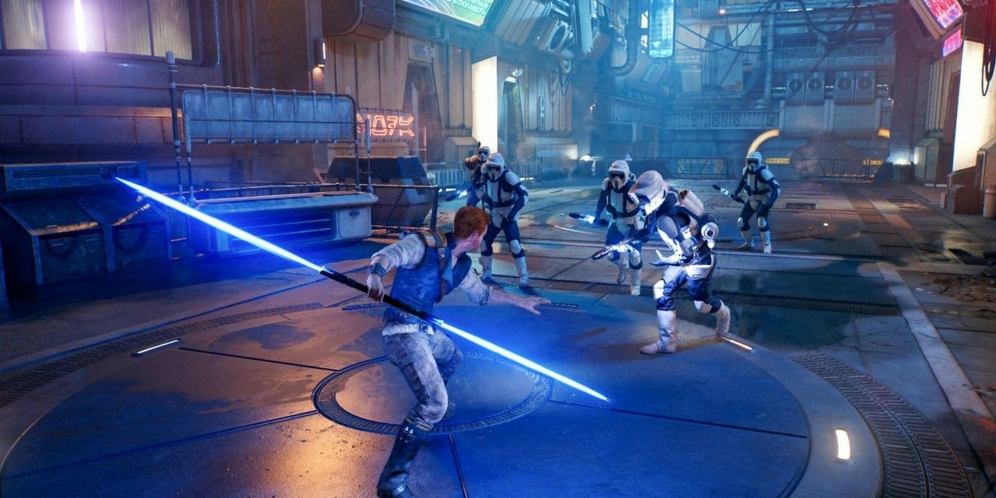 cal using a blue double-blade lightsaber against the empire
