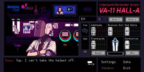 A person with a helmet on saying they can't take it off in VA-11 Hall-A Cyberpunk Bartender Action