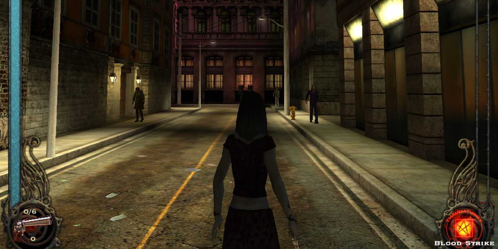 The Tremer vampire standing in a downtown street between the tall buildings.