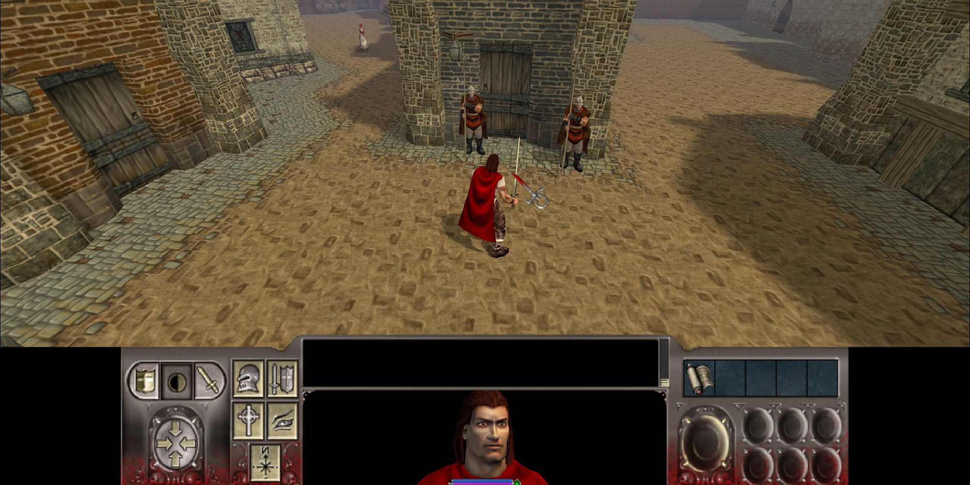Main character Christof exploring a medieval looking village, standing outside a building flanked by guards in Vampire: the Masquerade - Redemption