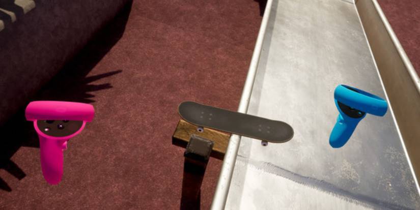 A player grinding on the side of a metal sheet in VR Skater