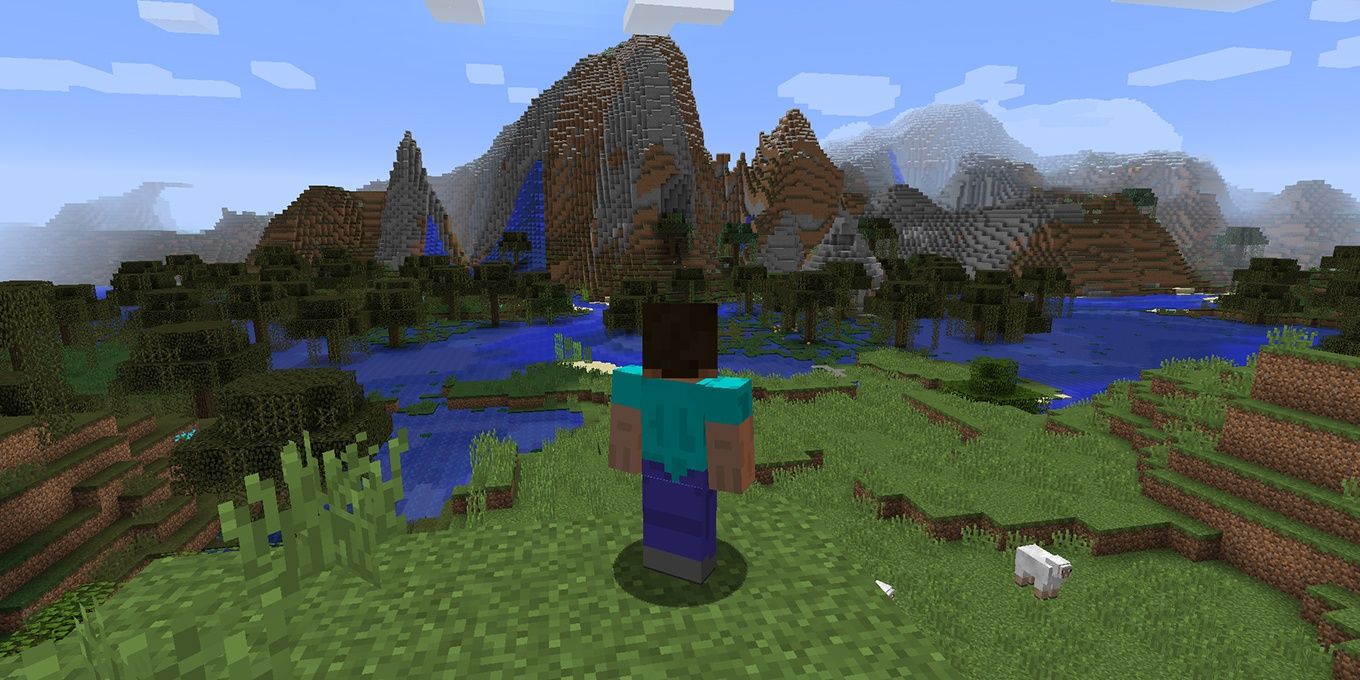 A Minecraft character looks over a mountain range 