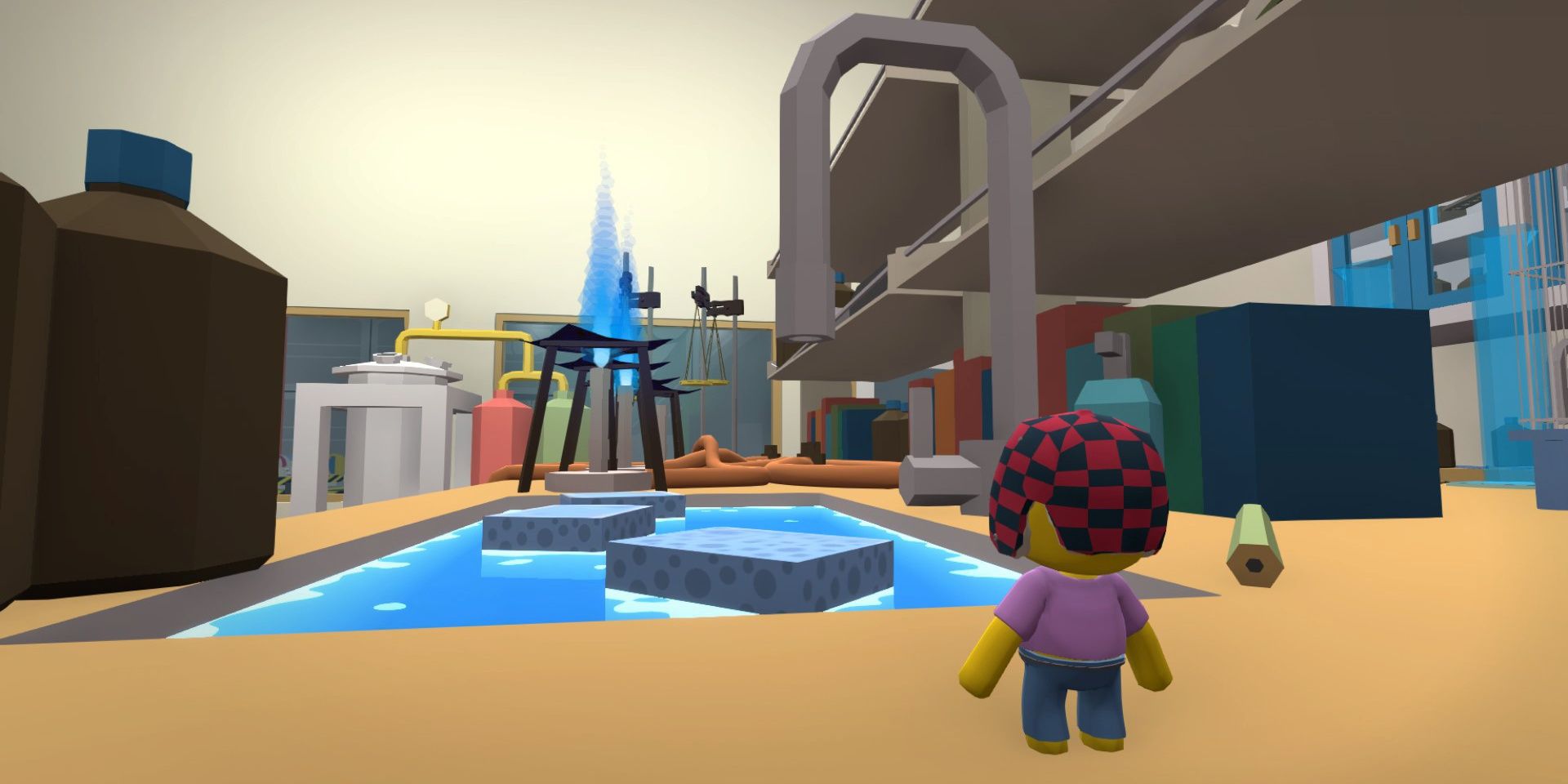 A player standing next to a giant sink with sponges floating in the water in Wobbly Life