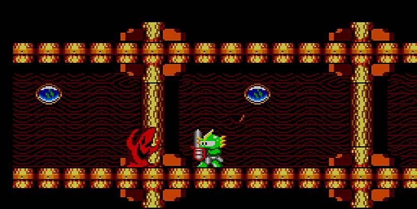 Wonder Boy 3 The Dragon's Trap Master System reptile hero with sword in dark dungeon coridor