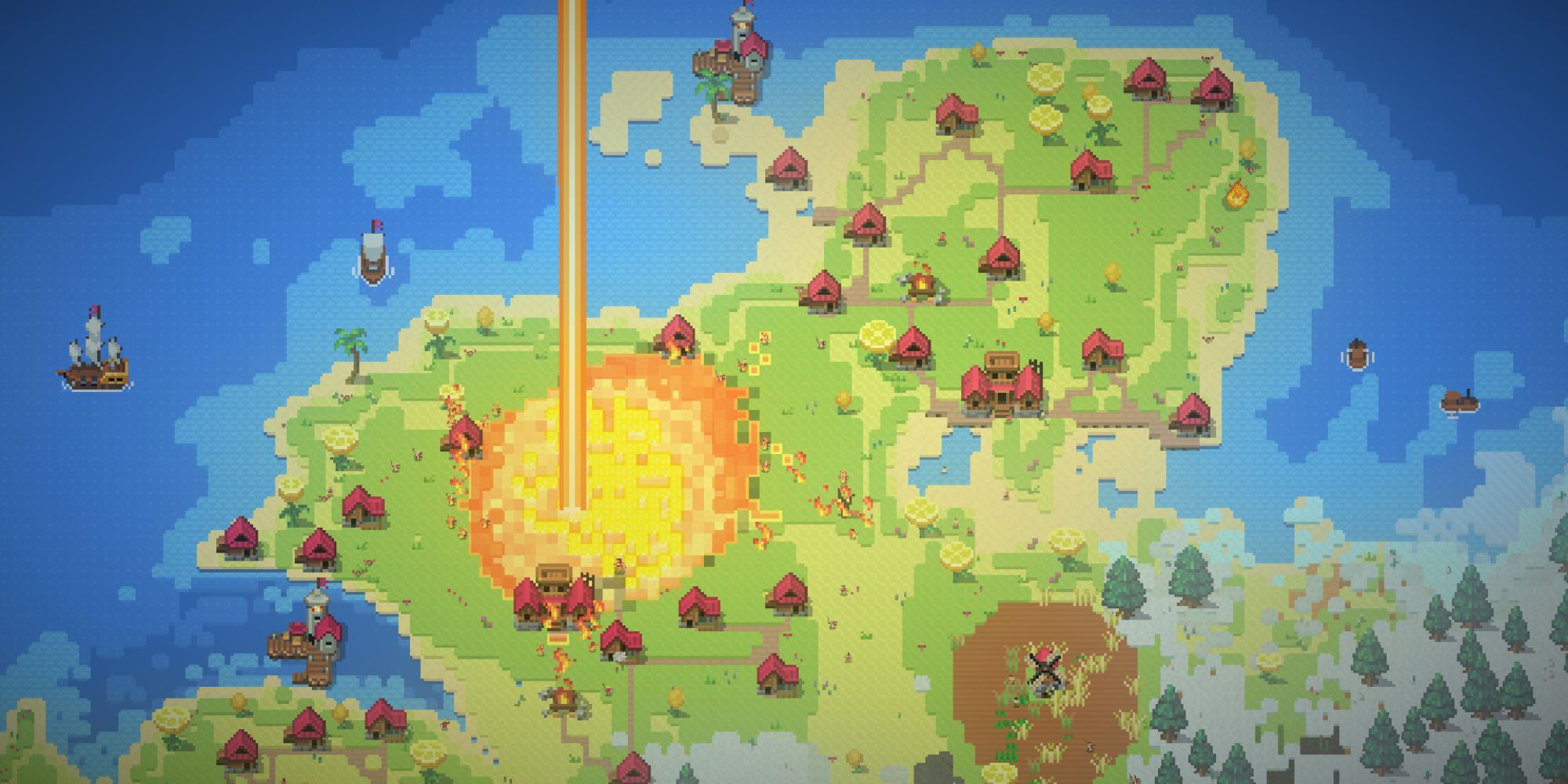 A village getting attacked by a beam of fire in Worldbox - God Simulator