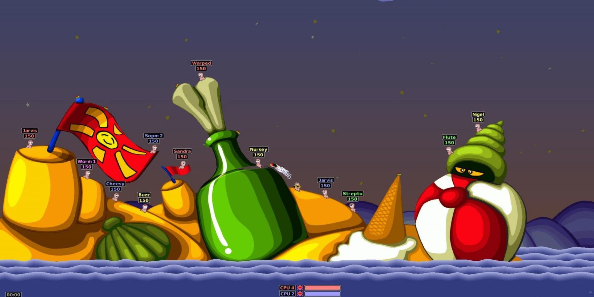 Worms battling on sandcastles and ice cream in Worms Armageddon