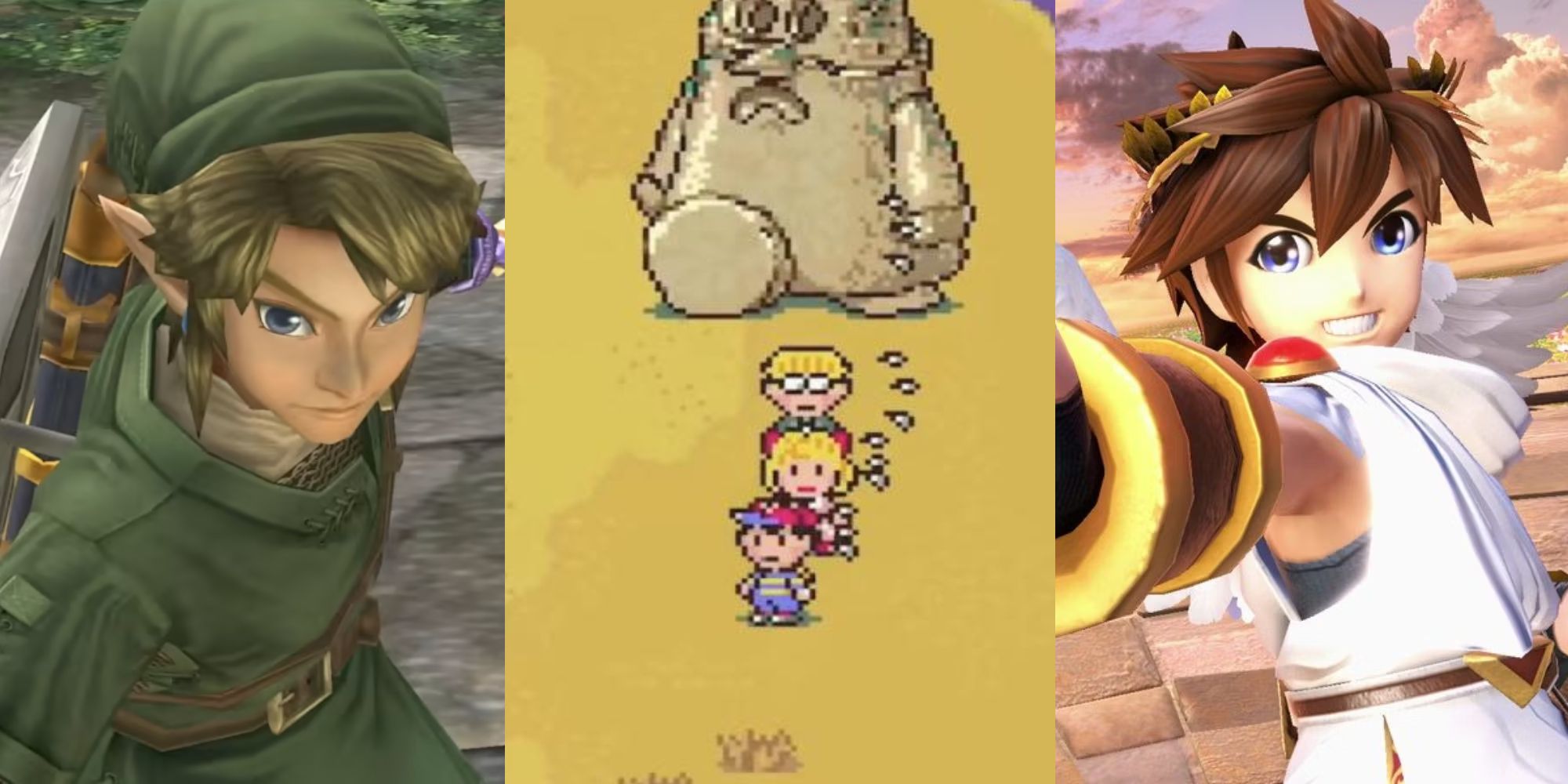 Split image: Link from Twilight Princess, multi-character screenshot from Earthbound, and Icarus from Icarus: Uprising