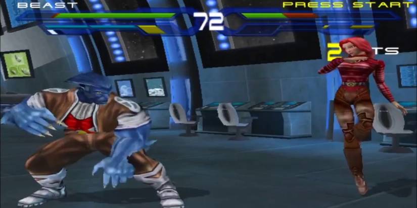 Beast fights Jean Grey/Phoenix in a space station control room