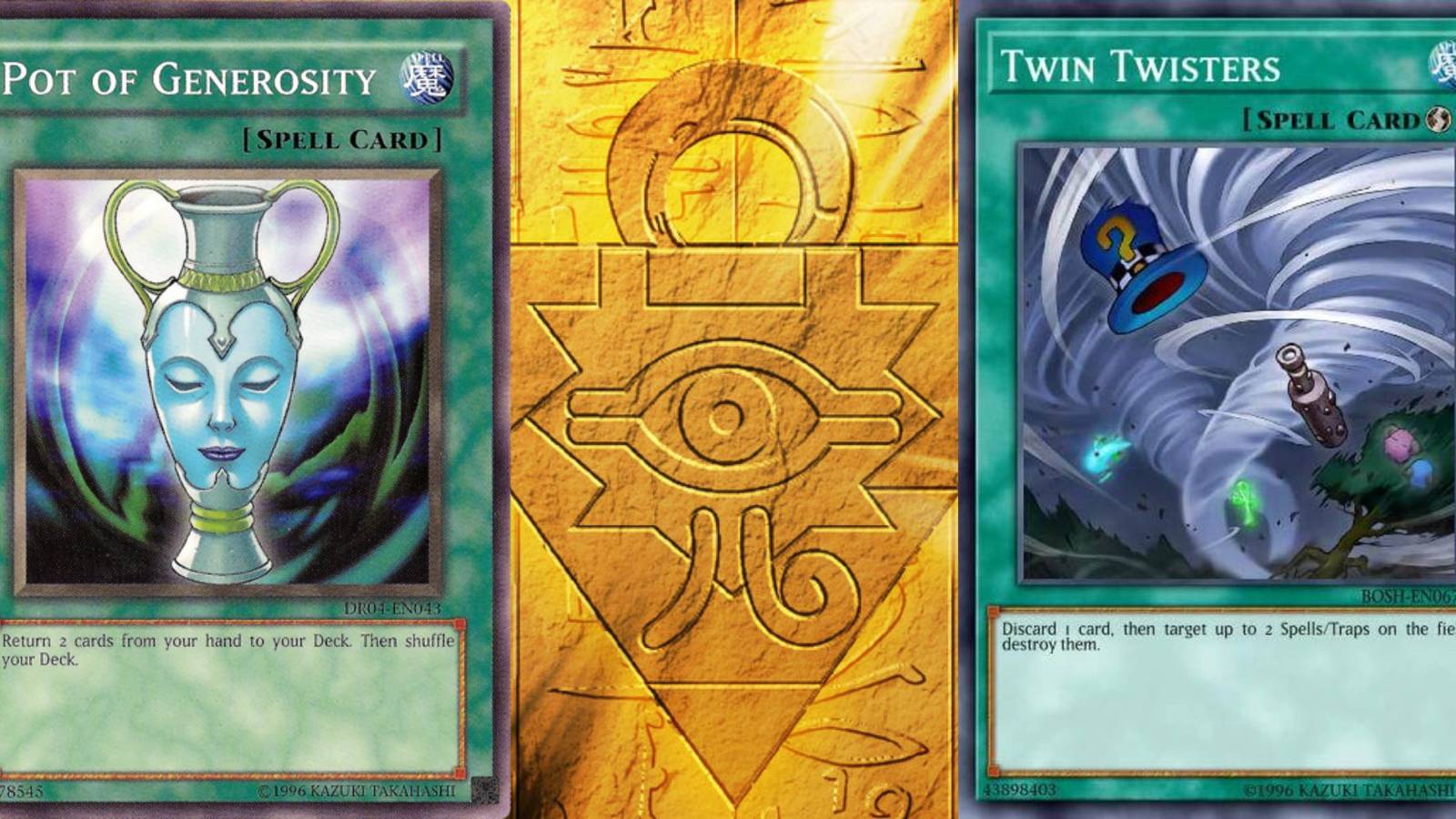 The Pot of Generosity and Twin Twisters spell cards from Yu Gu Oh