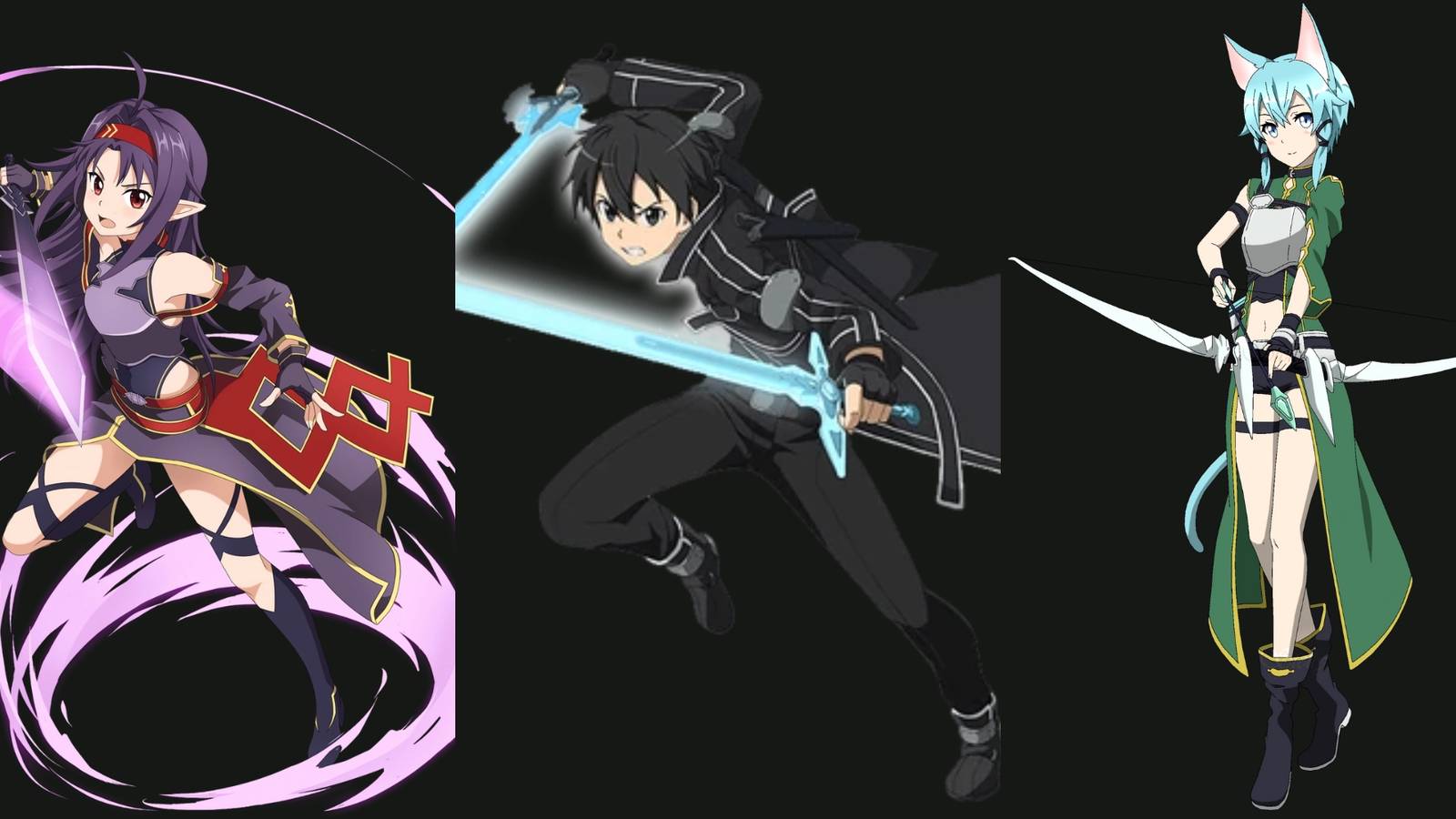Yuuki, Kirito, and Sinon in Sword Art Online