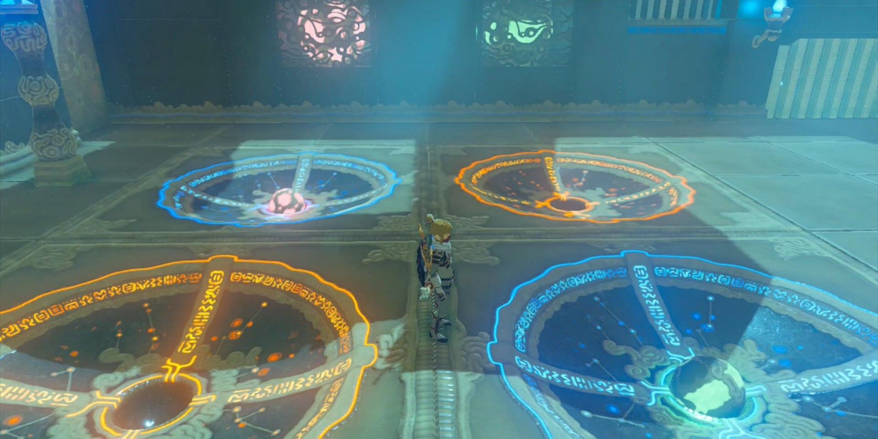 Zelda Breath of the Wild Kihiro Moh shrine orbs on colored platforms