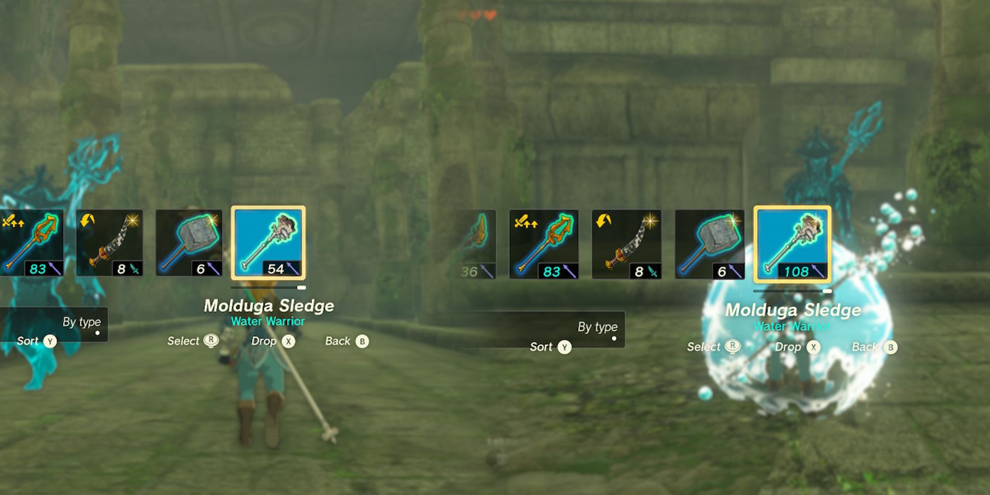 Zelda Tears of the Kingdom - Comparison of damage from spear next to spear with water warrior active