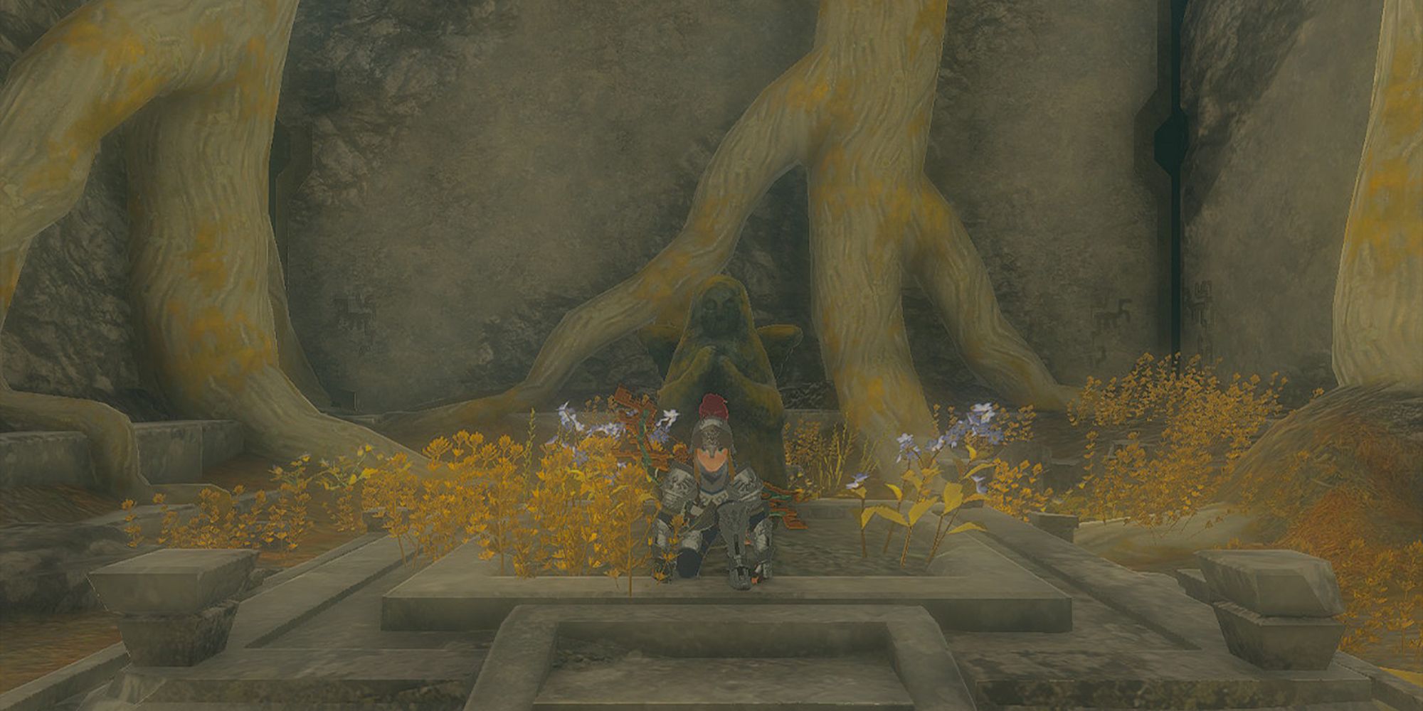 Zelda Tears of the Kingdom - Link Crouching In Front Of Goddess Statue Up On Dragonhead Isle