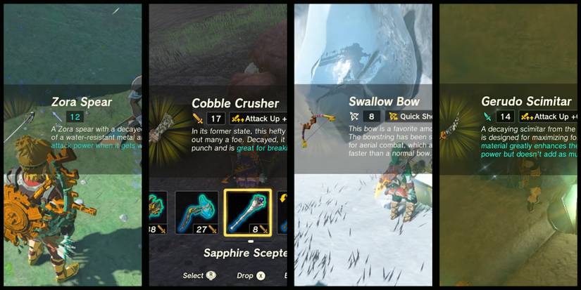 Zelda Tears of the Kingdom - Link Obtaining Each Regional Weapon Side By Side