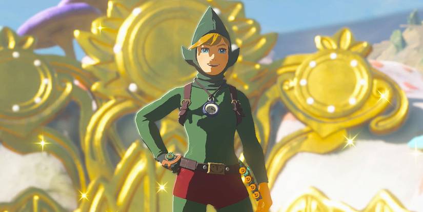 A screenshot of Link wearing Tingle's outfit in The Legend of Zelda: Tears of the Kingdom.