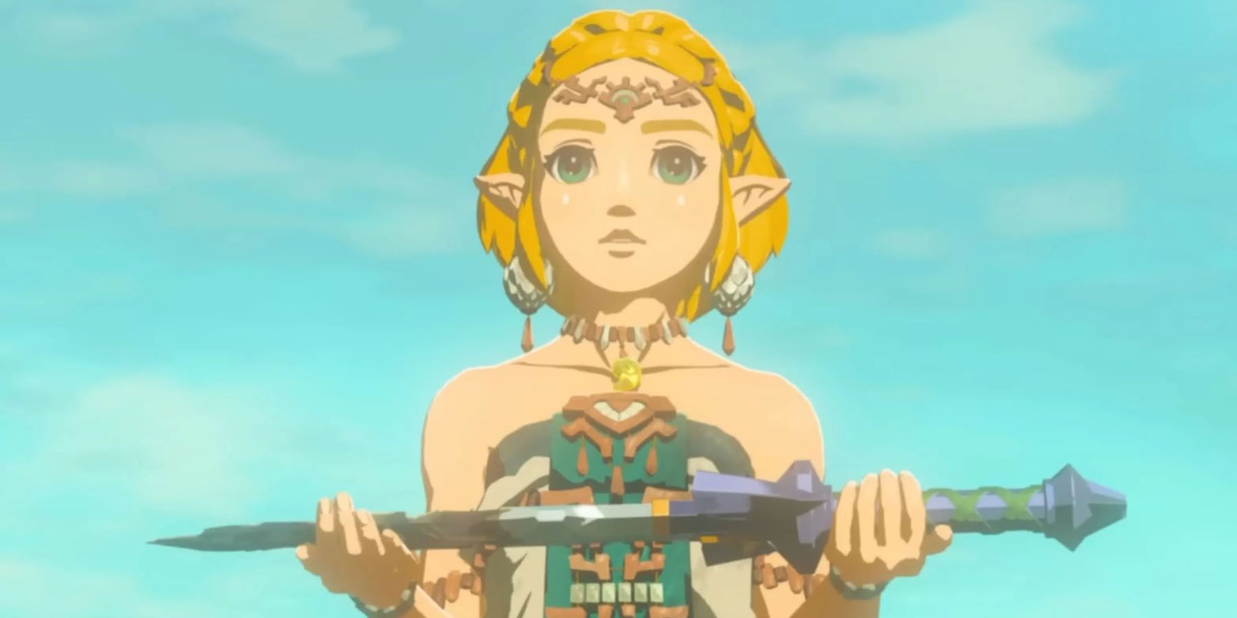 A screenshot of Princess Zelda holding the Master Sword in The Legend of Zelda: Tears of the Kingdom.