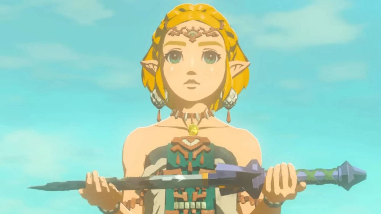 A screenshot of Princess Zelda holding the Master Sword in The Legend of Zelda: Tears of the Kingdom.