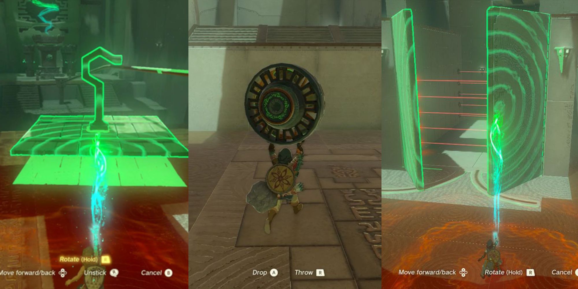 Split image: three different shrine puzzles from tears of the kingdom. 