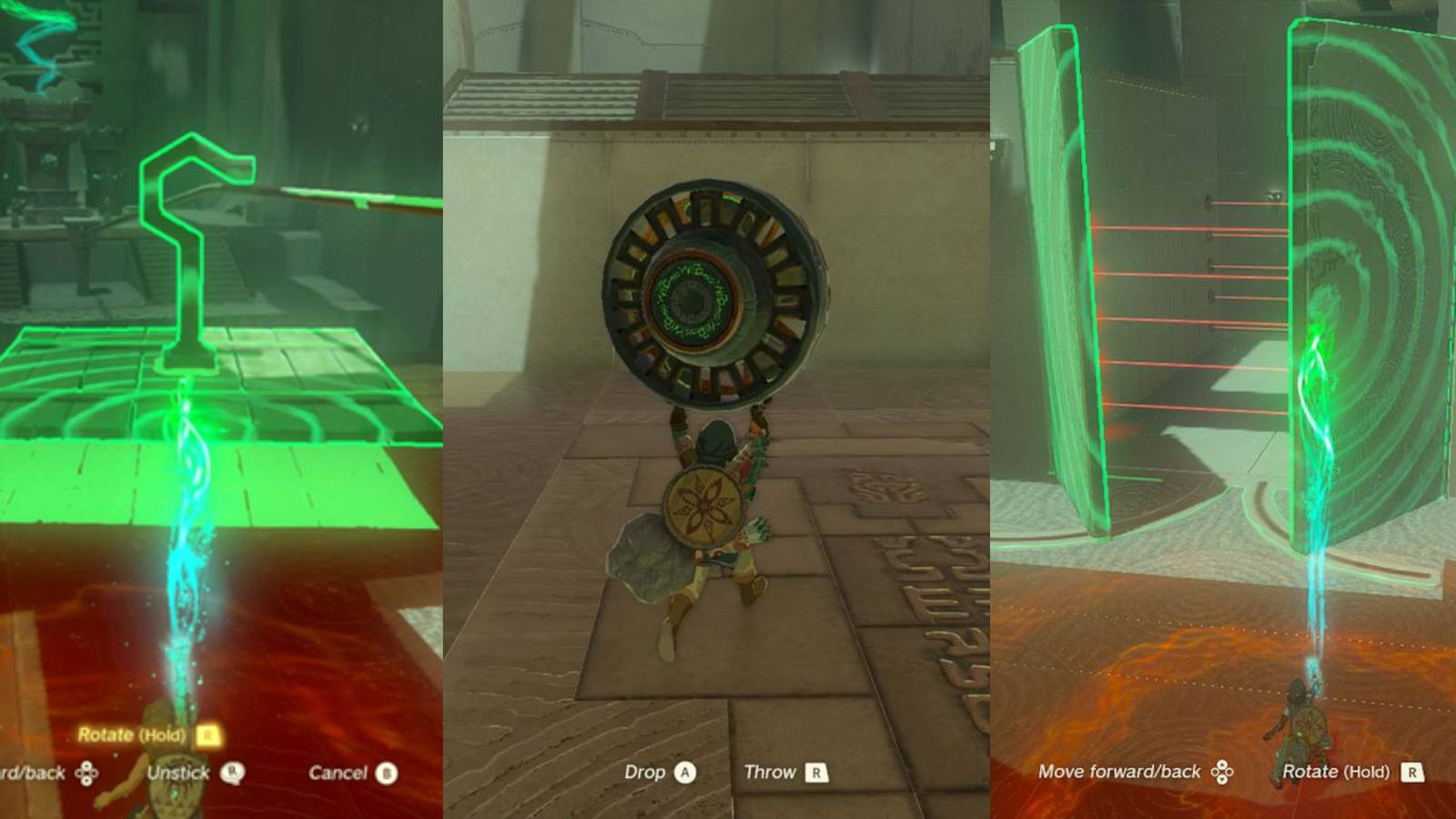 Split image: three different shrine puzzles from tears of the kingdom. 